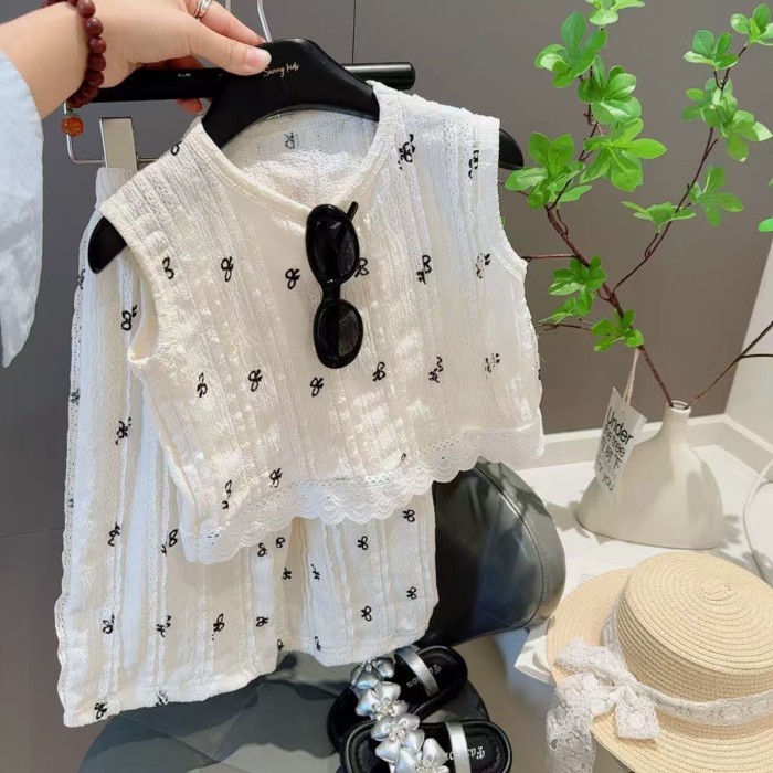 Summer New Style Girls' High-definition Lace Vest Suit Children's Korean Fashionable Top Casu