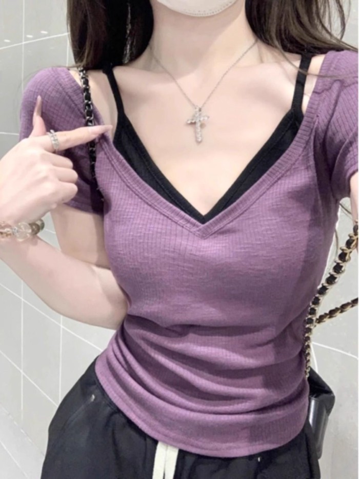 Áo thun ngắn tay hai dây giả màu tím Pháp cổ chữ V dáng ngắn cạp cao mỏng dành cho nữ trong mùa hè