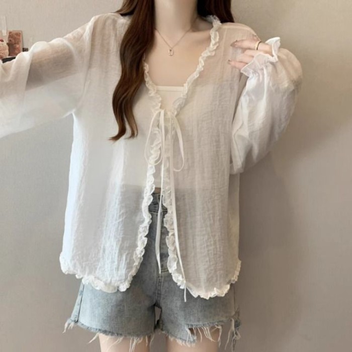 Áo cardigan dài tay chống nắng mỏng viền nấmdành cho nữ kèm khăn choàng áo mỏng