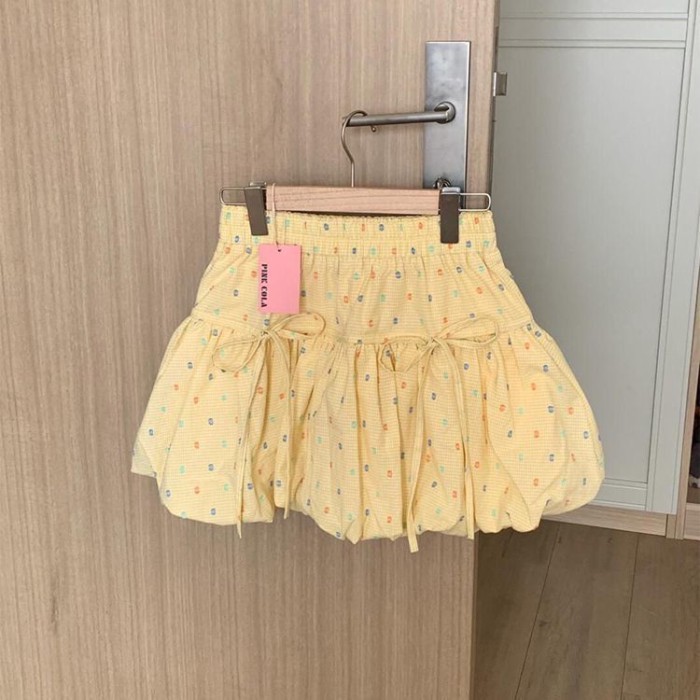 Chấm bi ngọt ngào đầy màu sắc hoa nụ hoa màu vàng váy thun lưng cao bánh váy váy ngắn