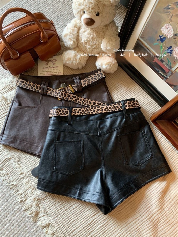 Mỹ Retro Da Báo Cổ Quần Short Da PU Nữ Xuân Thu Đi Lại Hông Chữ A Quần Hot
