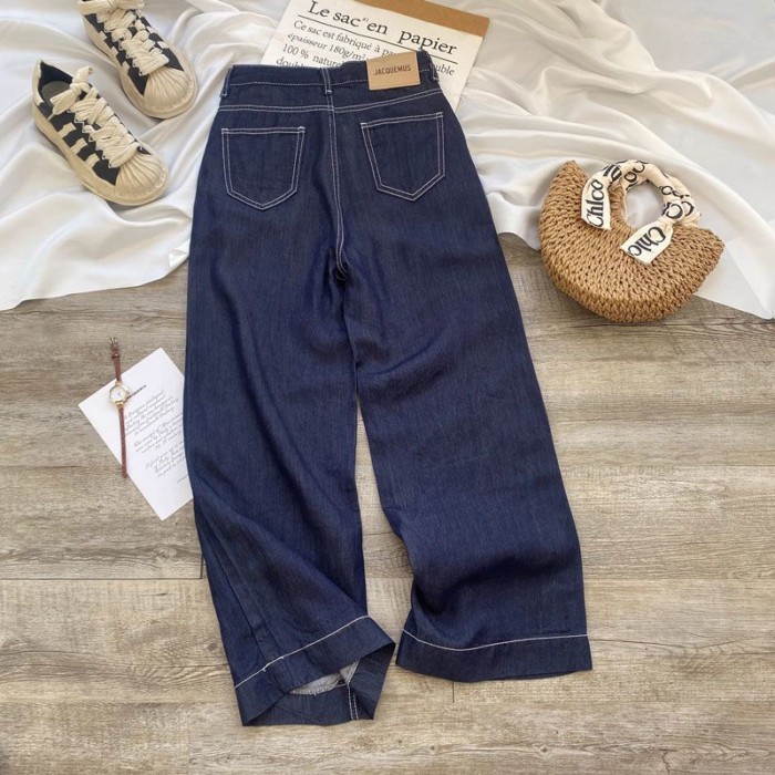 Quần jean ống rộng dành cho nữ mới cỡ lớn da thương hiệu thiết kế denim màu xanh lưng cao dài