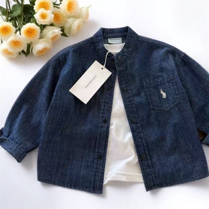 Trẻ Em Áo Sơ Mi Denim Thu Đông Bé Trai Thương Hiệu Nhật Bản Cổ Đứng Áo Sơ Mi Bé Trẻ Em Đơn Giản