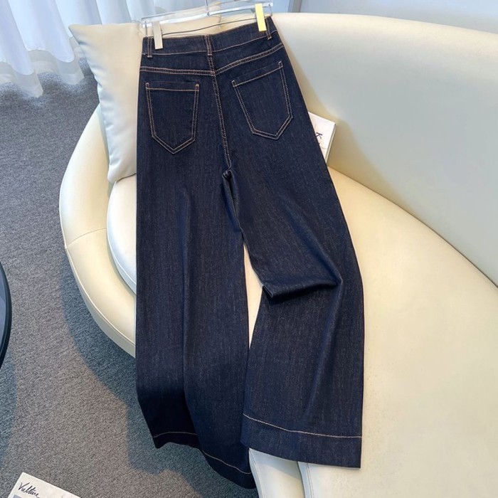 Quần jeans ống đứng màu xanh denim thêu nữ Quần ống rộng Quần chín điểm