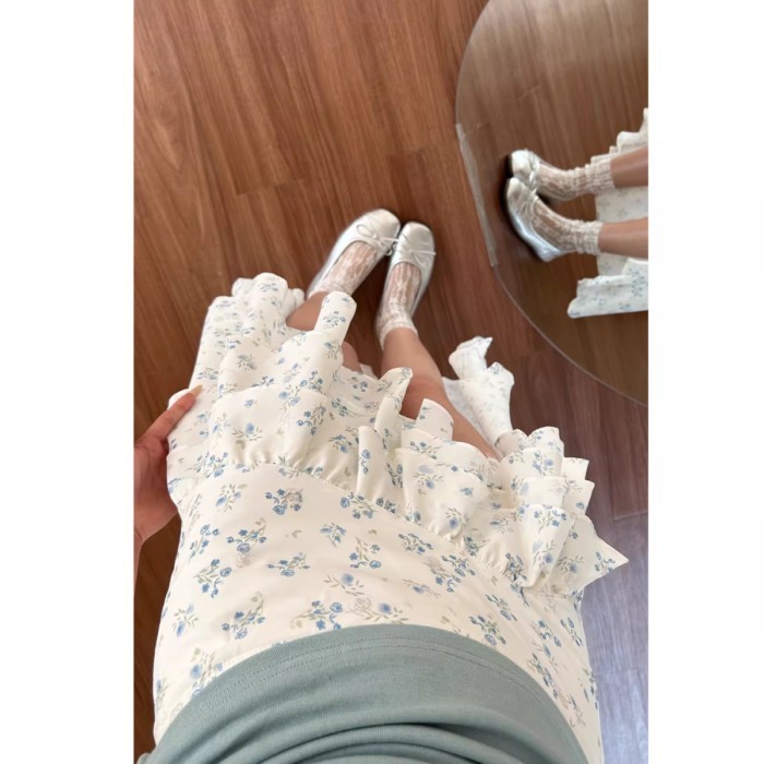 Váy nửa trắng không đều kiểu Pháp cho nữ Váy dài xòe hoa giảm béo đa năng