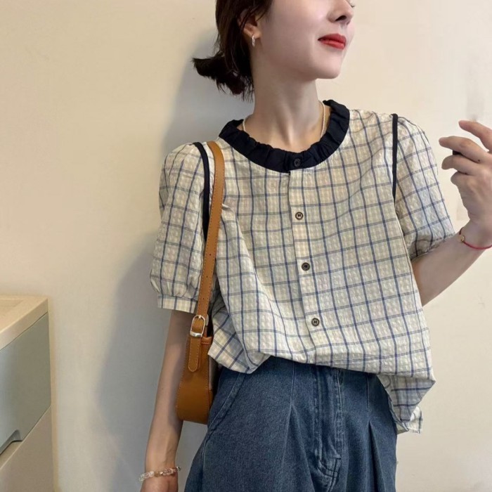 Áo sơ mi ngắn tay cổ phồng thời trang mùa hè mới dành cho nữ kiểu dáng tay phồng kẻ sọc tương ph