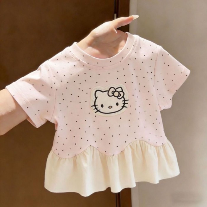 Girls Summer Short-sleeved T-shirt New Style Baby Girl Fashionable Korean Style Kt Cat Patch