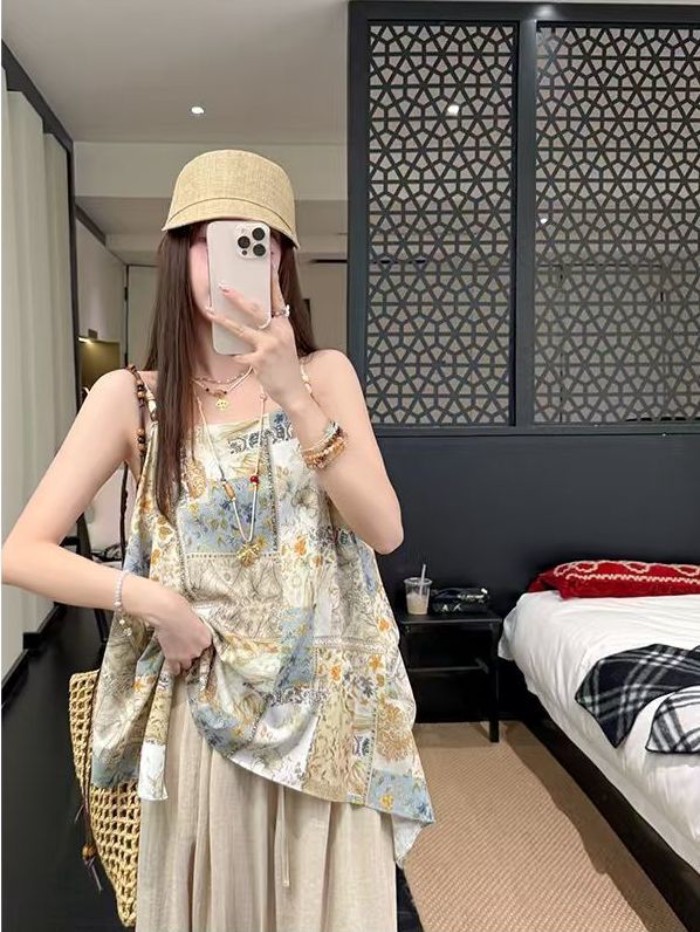 Áo dây in họa tiết kỳ nghỉ lười biếng và thoải mái dành cho nữ, thiết kế bohemian mùa hè và á