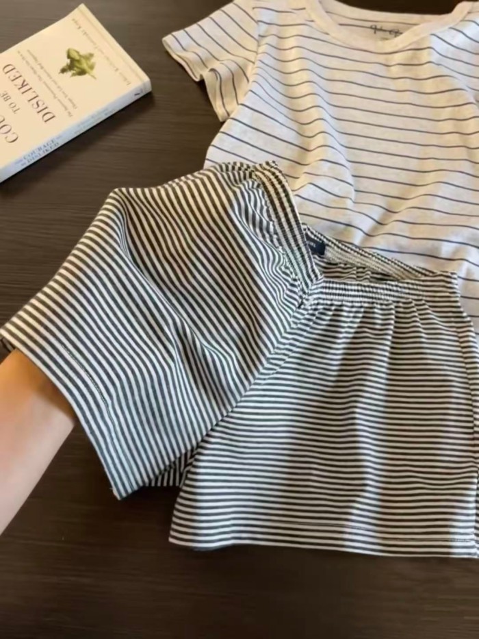 Bộ đồ ngủ sọc ngắn tay cổ tròn phong cách mới mùa hè cho nữ, bộ đồ mặc ở nhà hai món đơn giản