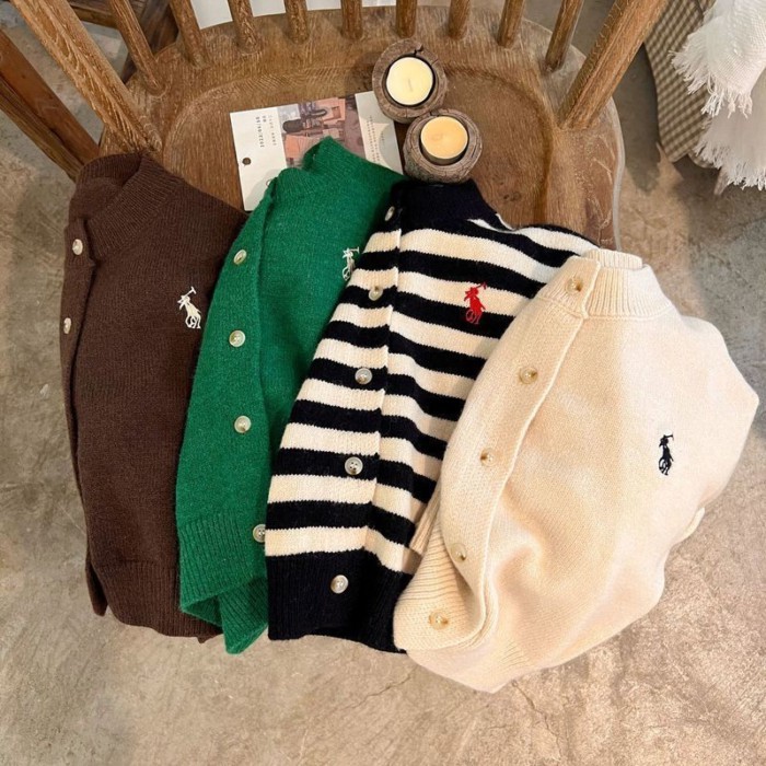 Áo len trẻ em mùa thu mới màu trơn thêu dệt kim cardigan cho bé trai và bé gái áo khoác len n