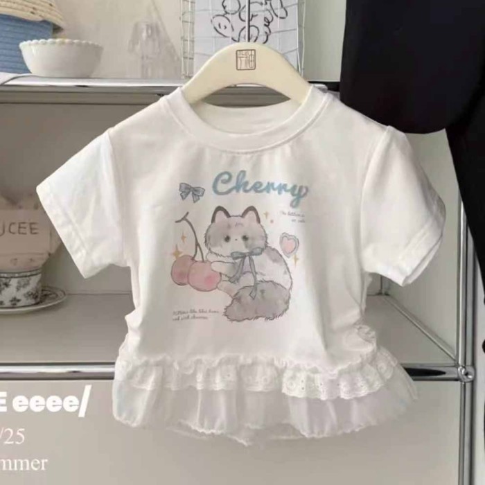 bé gái mùa hè áo phông ngọt ngào và dễ thương mới cổ ren hoạt hình áo cotton ngắn tay thời trang