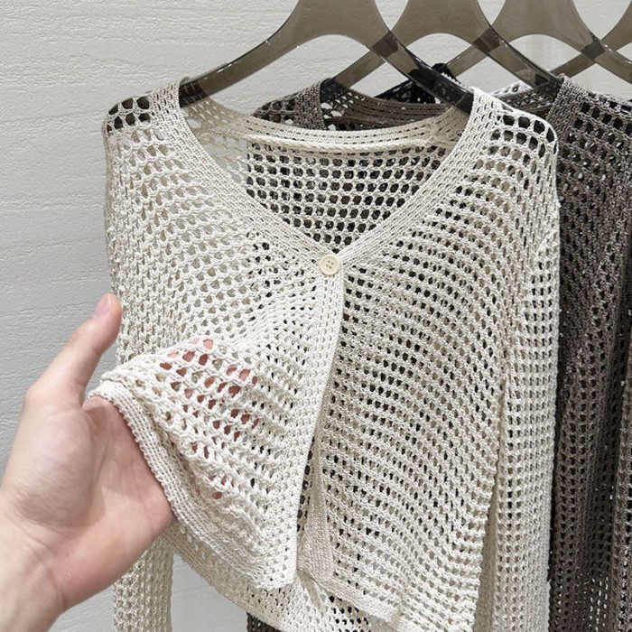 Áo len lưới rỗng áo cardigan dệt kim mỏng cho nữ mùa hè phong cách mới xếp lớp với váy treo c