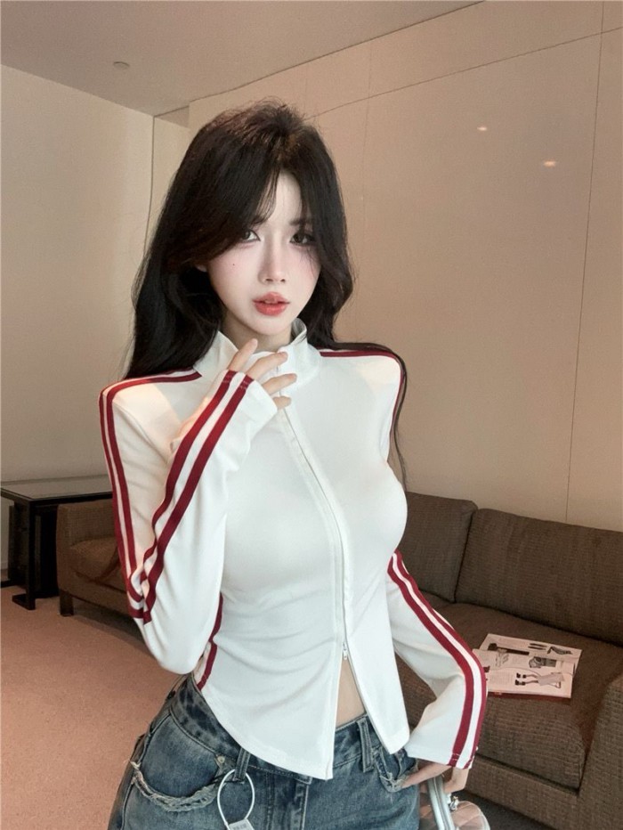 Mỹ Áo Thun Dài Tay Sọc Nữ Đầu Thu Ngắn Dây Kéo Đôi Top Cardigan Đáy