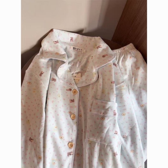 Bộ đồ ngủ màu trắng và xanh cô gái phong cách hoạt hình hoa cún con cotton dài tay và quần dà