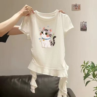 Bé gái cổ tròn, vai phải, áo thun ngắn tay kiểu dáng mùa hè, viền không đều, áo nhún bèo dáng ôm