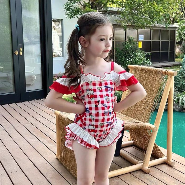 Quần áo trẻ em Đồ bơi một vai xếp nếp cho bé gái Đồ bơi nơ chống lộ cho bé gái