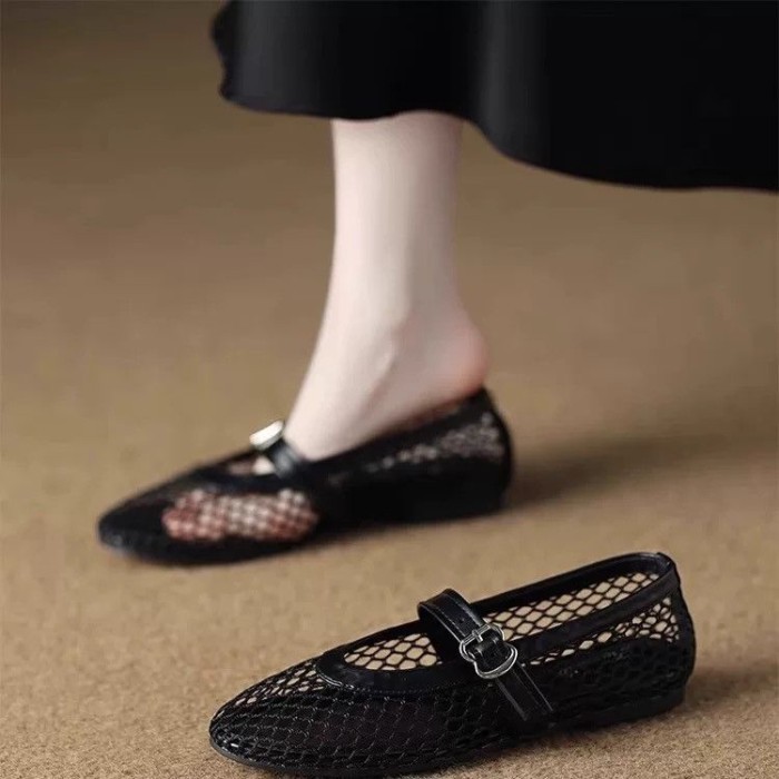 Giày Nữ Lưới Giày Đơn Nữ Xuân Hè Đế Bằng Dây Đeo Dây Bò Giày