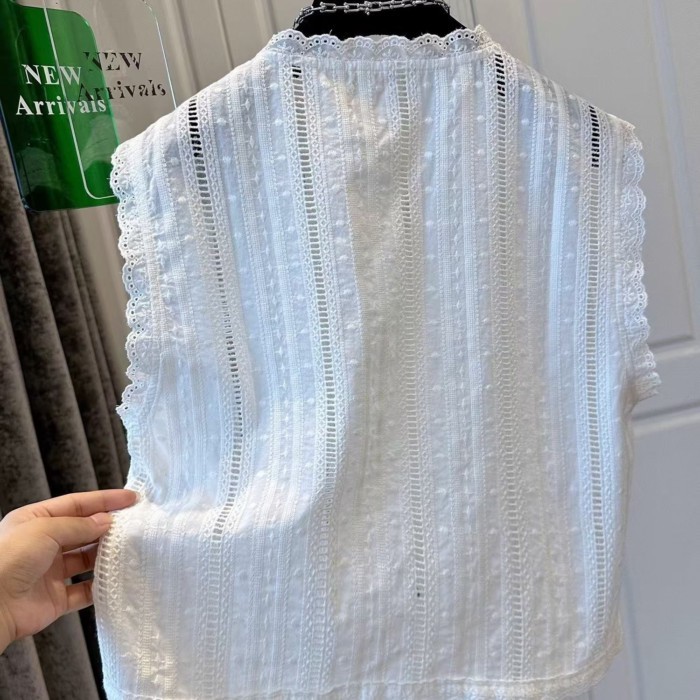 Áo Sơ Mi Nữ Mùa Hè Mới Tính Khí Pháp Plus Size Nữ Rỗng Áo Sơ Mi Ren Áo Không Tay Đa Năng