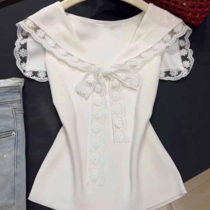 tinh khiết ham muốn phong cách hải quân cổ áo ren vest nữ mùa hè mới ngọt ngào hottie nơ eo n