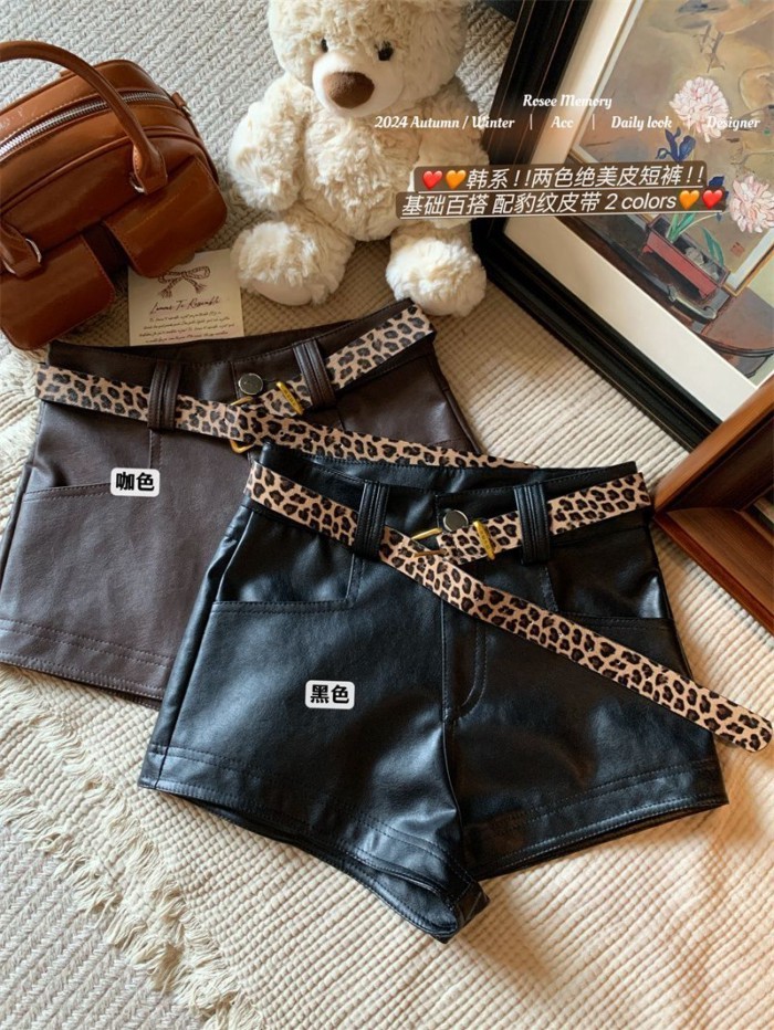 Mỹ Retro Da Báo Cổ Quần Short Da PU Nữ Xuân Thu Đi Lại Hông Chữ A Quần Hot
