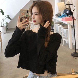 Áo thun ngắn ins siêu hot dành cho nữ mùa xuân thu đông, áo sơ mi dài tay cạp cao, áo rộng hở rốn