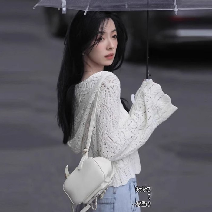 Mới ngắn phong cách có mũ trùm đầu mùa hè dài tay chống nắng mỏng rỗng dệt kim áo cardigan dệ