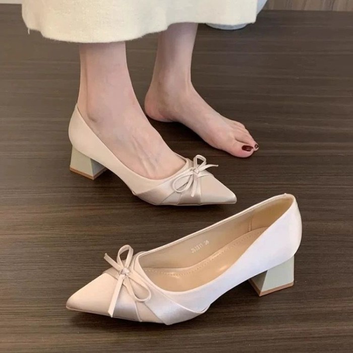Giày Cao Gót Satin Thanh Lịch Giày Cô Dâu Bánh Mì Nướng Đầm Giày Gót Dày Giày Phù Dâu
