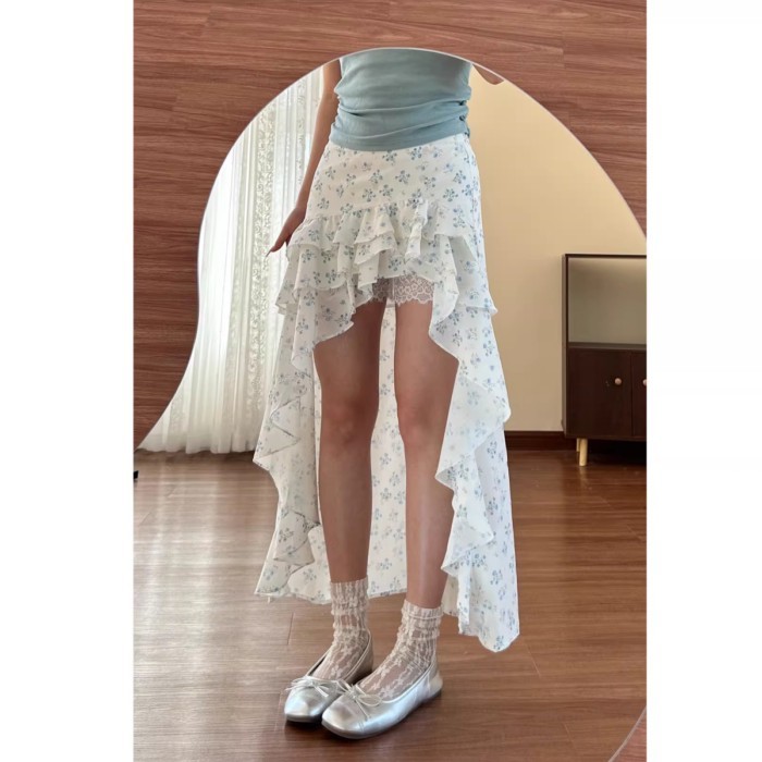 Váy nửa trắng không đều kiểu Pháp cho nữ Váy dài xòe hoa giảm béo đa năng