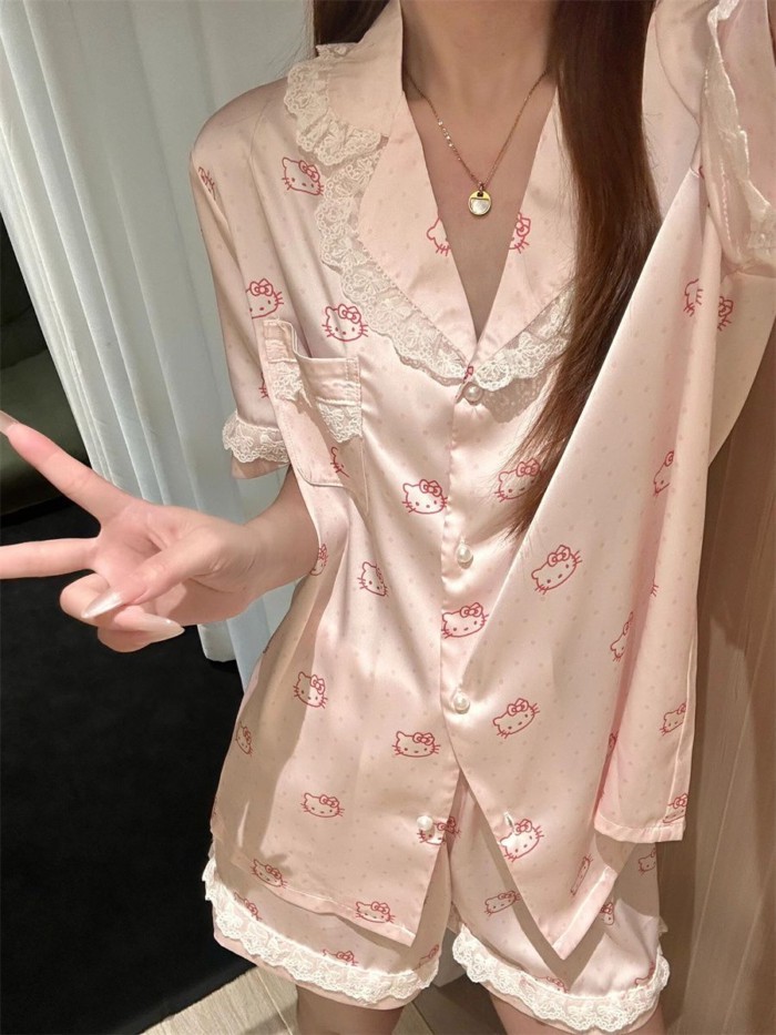 Bộ đồ ngủ lụa băng Hello Kitty nữ tay ngắn quần short ở nhà Bộ quần áo có thể mặc bên ngoài