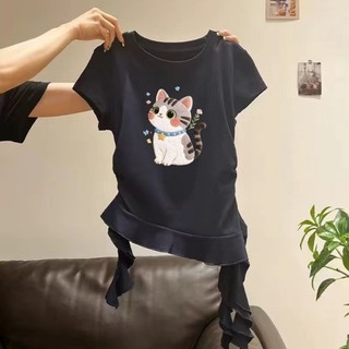 Bé gái cổ tròn, vai phải, áo thun ngắn tay kiểu dáng mùa hè, viền không đều, áo nhún bèo dáng ôm