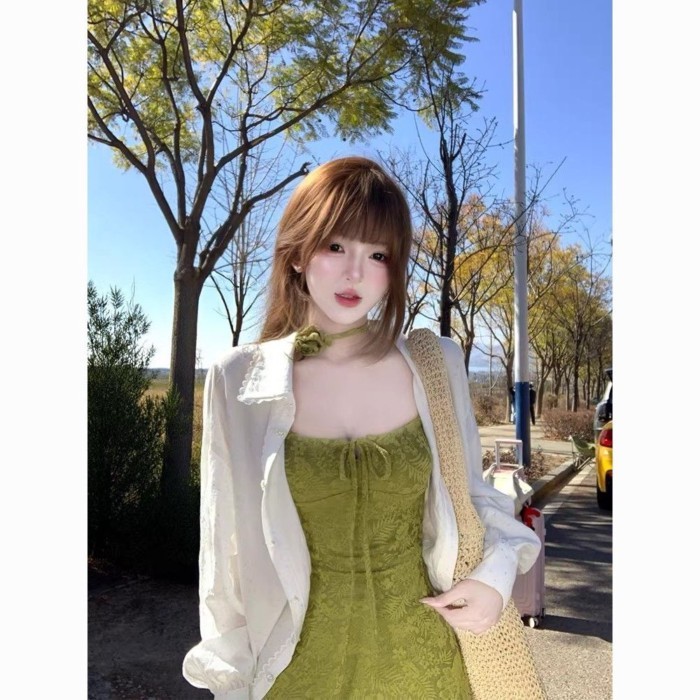 Hot Girl Pure Lust Textured Suspender Skirt Spring And Summer Vacation Style Strappy Green Dr