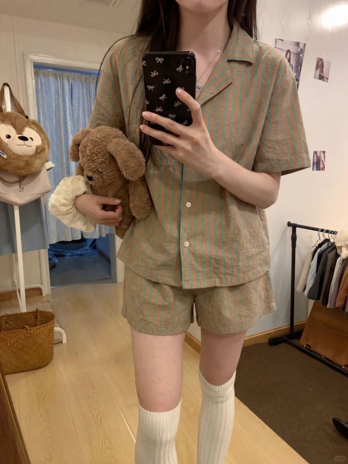 Japanese Style Simple Striped Summer New Cloud Cotton Short-sleeved Pajamas Women's Home Clot