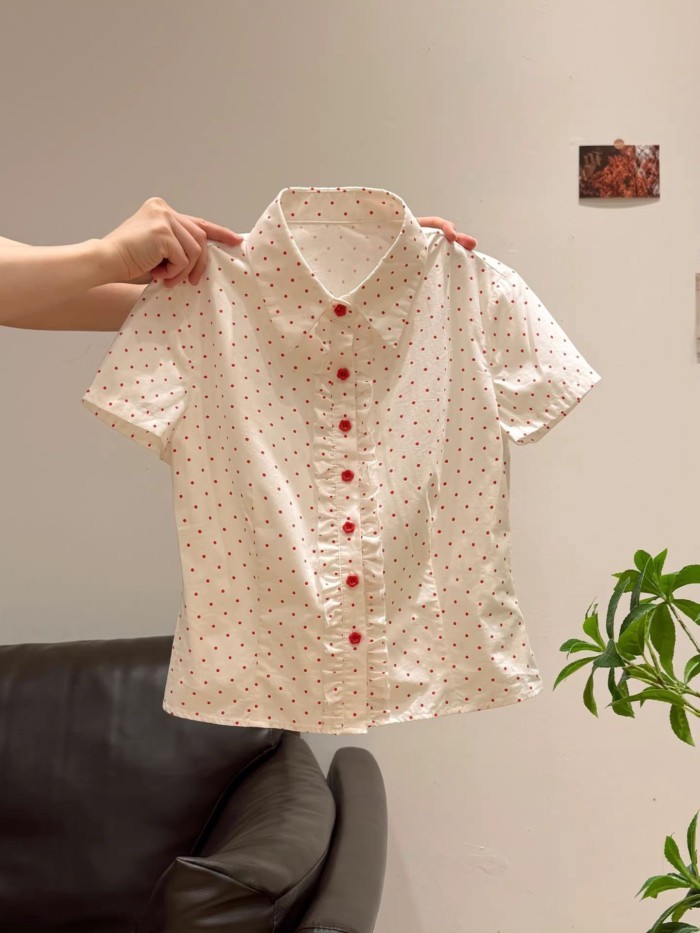 Đỏ Chấm Bi PoIo Cổ Vai Phải Tay Ngắn Eo Áo Sơ Mi Nữ Nấm Bên Kẹp Eo Giảm Béo Ve Áo hàng Đầu
