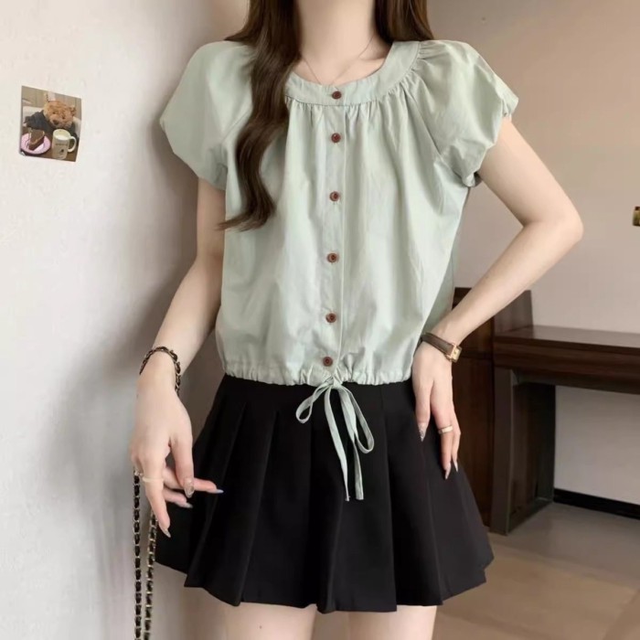 Áo Sơ Mi Tay Phồng Ngọt Ngào Hàn Quốc Cho Nữ Mùa Hè Áo Sơ Mi Ngắn Tay Dây Kéo Nhỏ Tươi Ngắn Màu