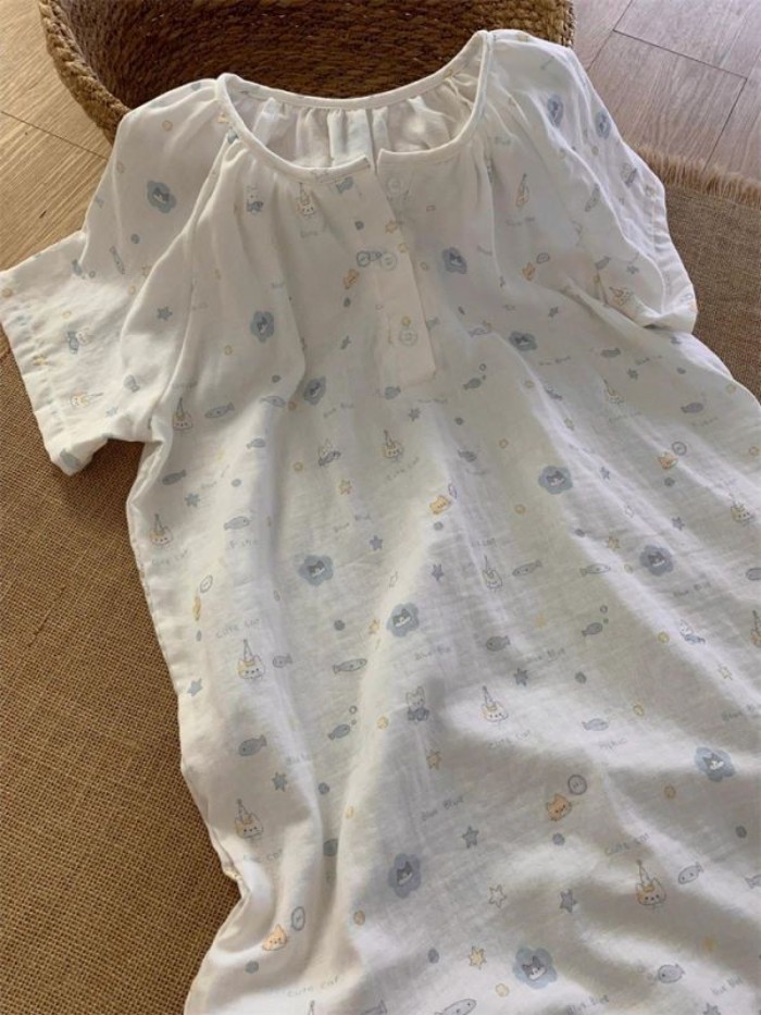 Cloud cotton gạc bộ đồ ngủ bong bóng cá nhỏ dễ thương dành cho nữ mùa hè mỏng tay ngắn dài vừ