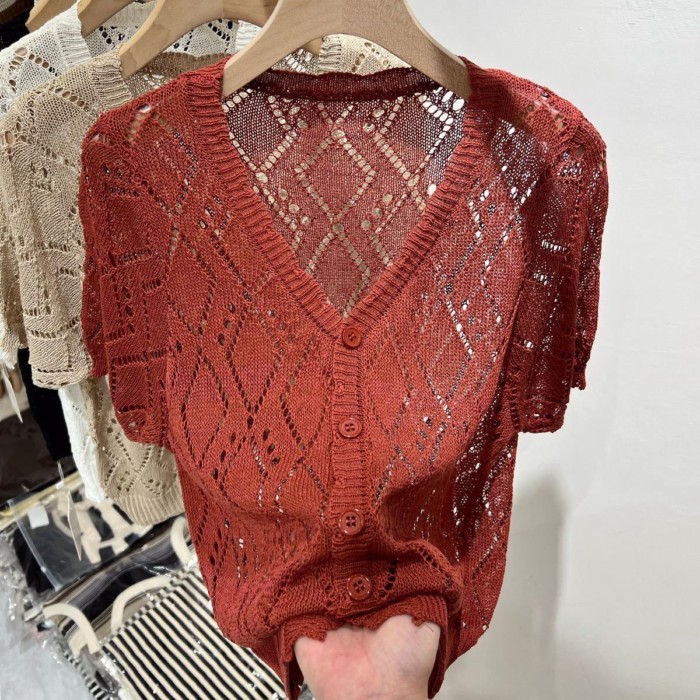 Áo thun cardigan mỏng tay ngắn cổ chữ V dành cho nữ, áo len khoét rỗng dáng rộng, thời trang,