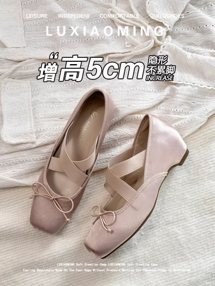 Mùa Xuân Pháp Vuông Mũi Nơ Ba Lê Giày Nữ Satin Bên Trong Tăng Chiều Cao Mary Jane Giày Đậu Hà Lan G