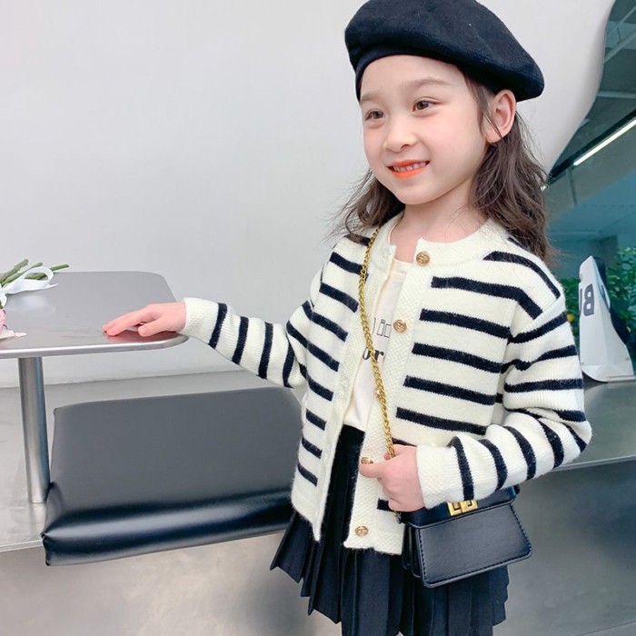 Áo len dệt kim cardigan bé gái Hàn Quốc xuân thu mới phong cách Hàn Quốc áo len sọc dài tay dành