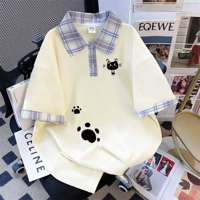 Áo sơ mi Polo ngắn tay dành cho trẻ em tuổi trung niên trở lên mùa hè mới Áo thun in hình mèo ho