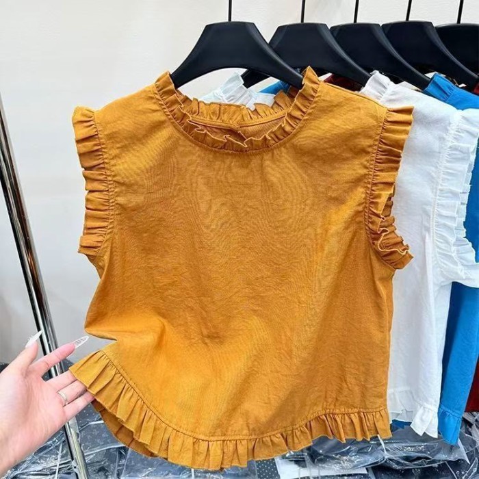 Áo sơ mi không tay phối ren cổ tròn đa năng mùa hè mới phong cách Hàn Quốc dành cho nữ Áo dáng r