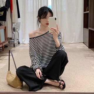 áo trễ vai sọc đỏ áo thun dài tay mùa hè mỏng dáng rộng mới