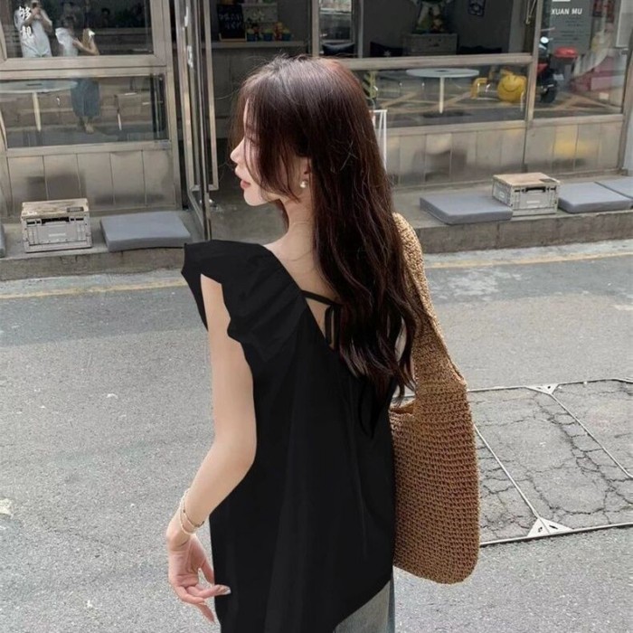 Áo sơ mi cổ chữ V dài vừa mùa hè dành cho nữ có quai ngang và áo sơ mi trắng tay bay nhỏ