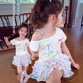 Áo thun ngắn tay trễ vai cho bé gái, áo công chúa in hình hoạt hình mùa hè tươi mới cho bé gái