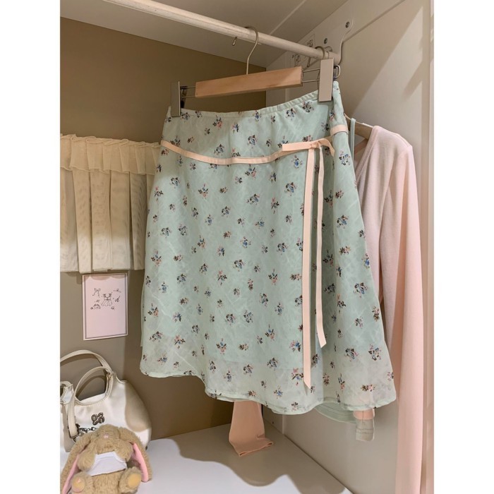 Sweet New Fresh Floral Skirt Korean Style Slimming Bow Tie Skirt