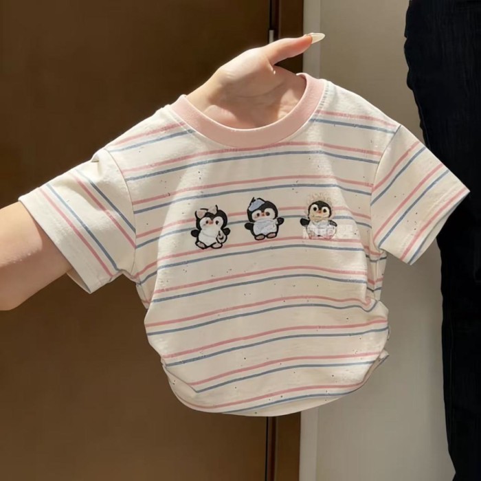 Girls Summer Clothes New Cartoon Striped Short-sleeved T-shirt Children's Baby Cute Penguin P