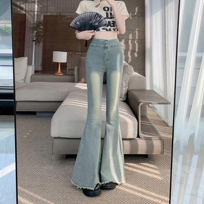 Giặt Nguyên Edge Lớn Loe Quần Jean Nữ Xuân Thu Cao Cấp Quần Ống Rộng Quần Đuôi Cá Quần Dài