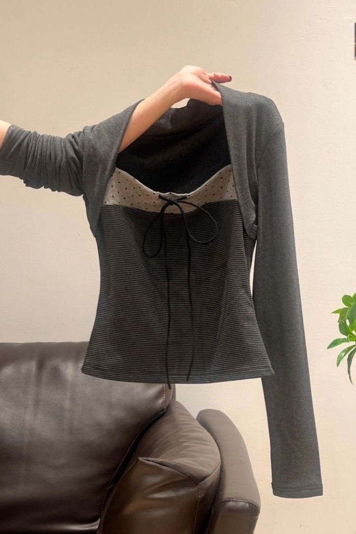 Áo thun dài tay giả hai dây thắt nơ phong cách Hàn Quốc dành cho nữ với khát khao thuần khiết
