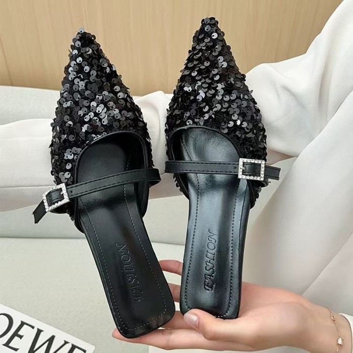 Dép xỏ ngón Baotou dành cho nữ mặc ngoài mùa hè sequin mũi nhọn Mule giày nữ sandal và dép có khóa