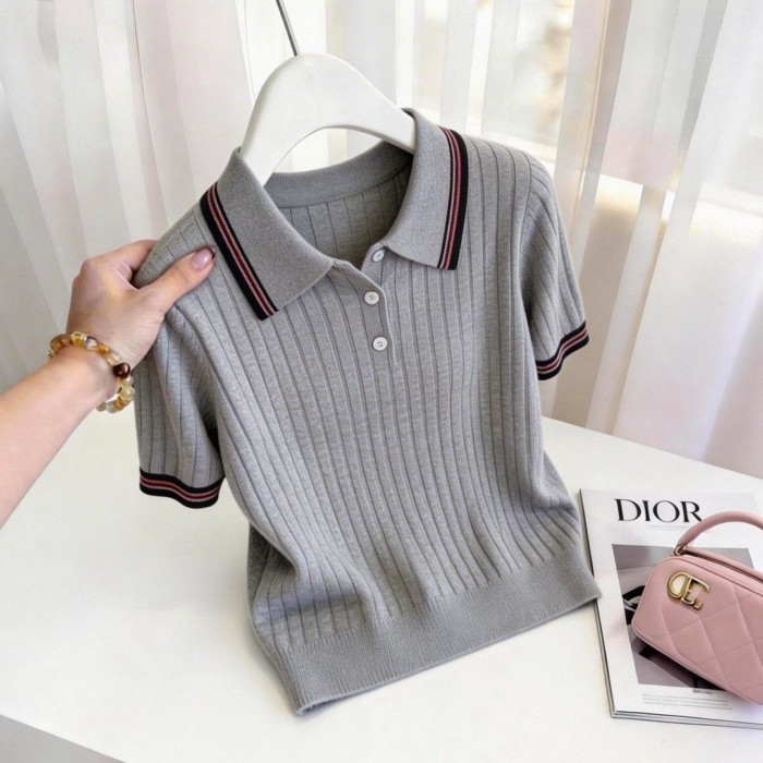 Áo sơ mi dệt kim màu xám sợi cotton phong cách Hàn Quốc mới, đa năng, thời trang, giảm béo, á