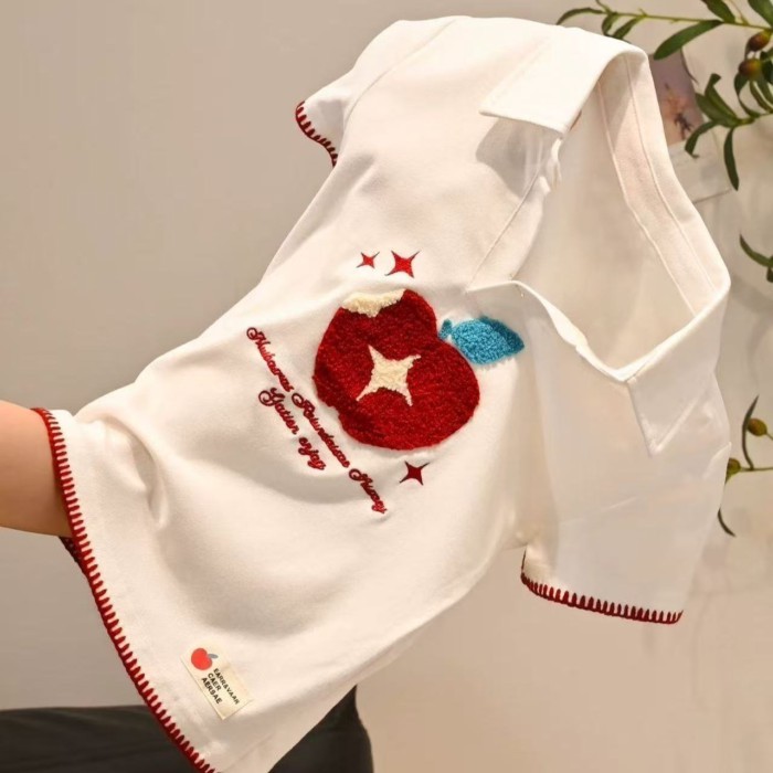 Áo thun ngắn tay thêu hình quả táo phong cách đại học ngọt ngào và cay nồng vai phải của phụ